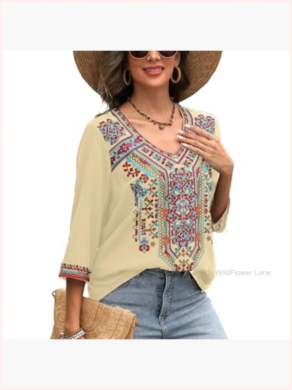 Boho Embroidered V-Neck Tunic Blouse Peasant Hippie Top - Picture 4 of 6